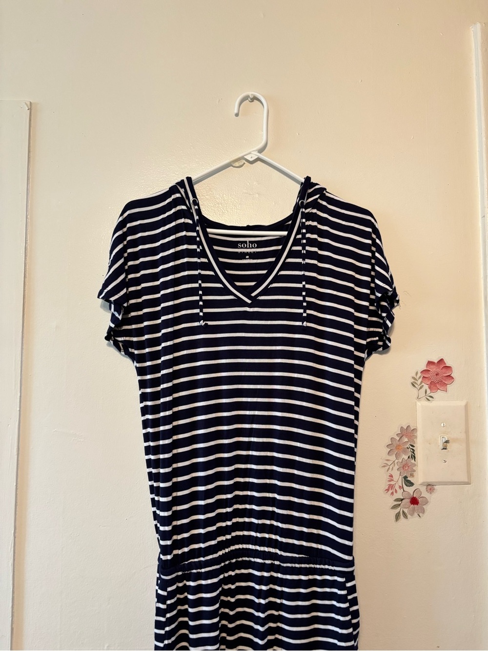 Soho Navy and White Striped V-Neck Hooded Maxi Dress